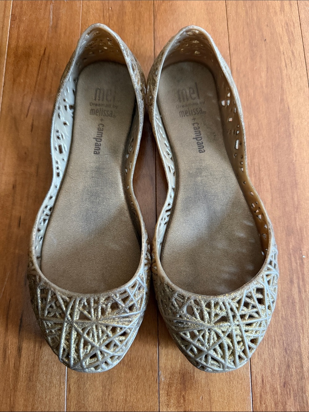 Mini Melissa Gold Glitter Laser-Cut Ballet Flats Size 13